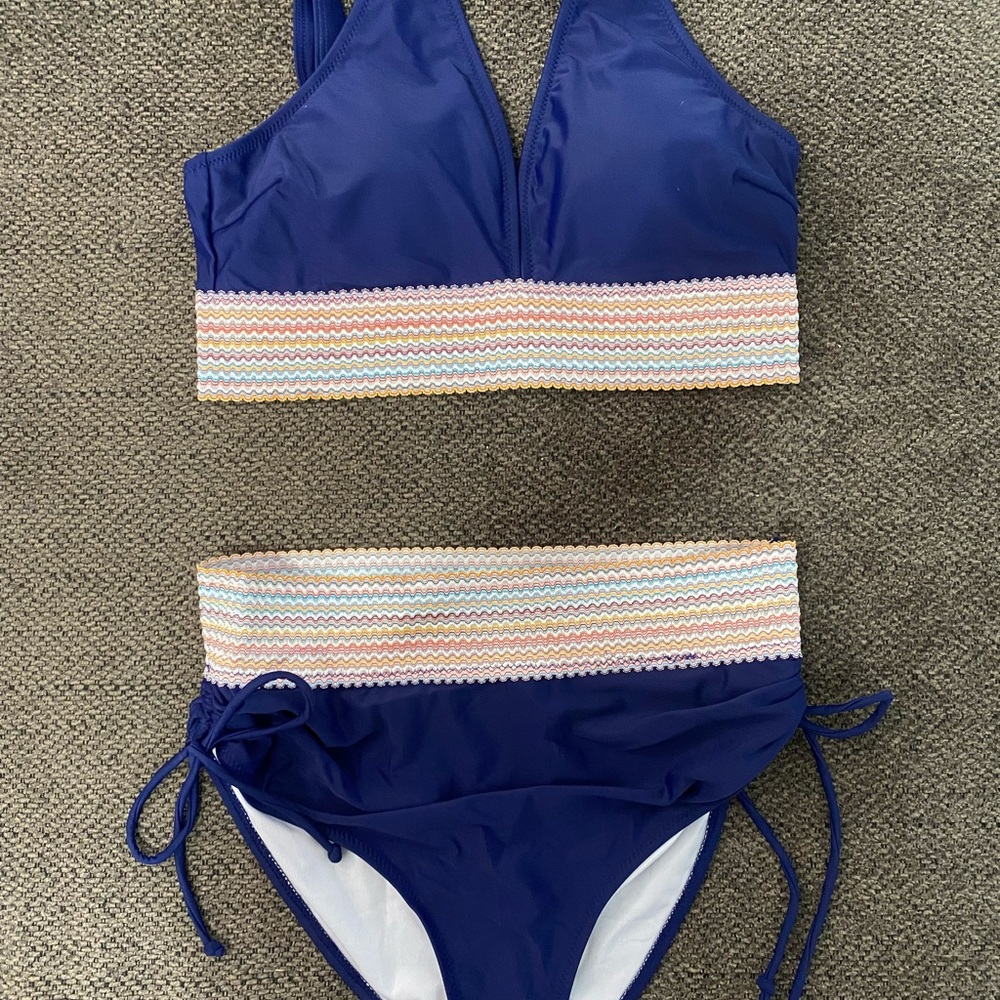 Blue and Pink Bikini Set with Triangle Halter Top
